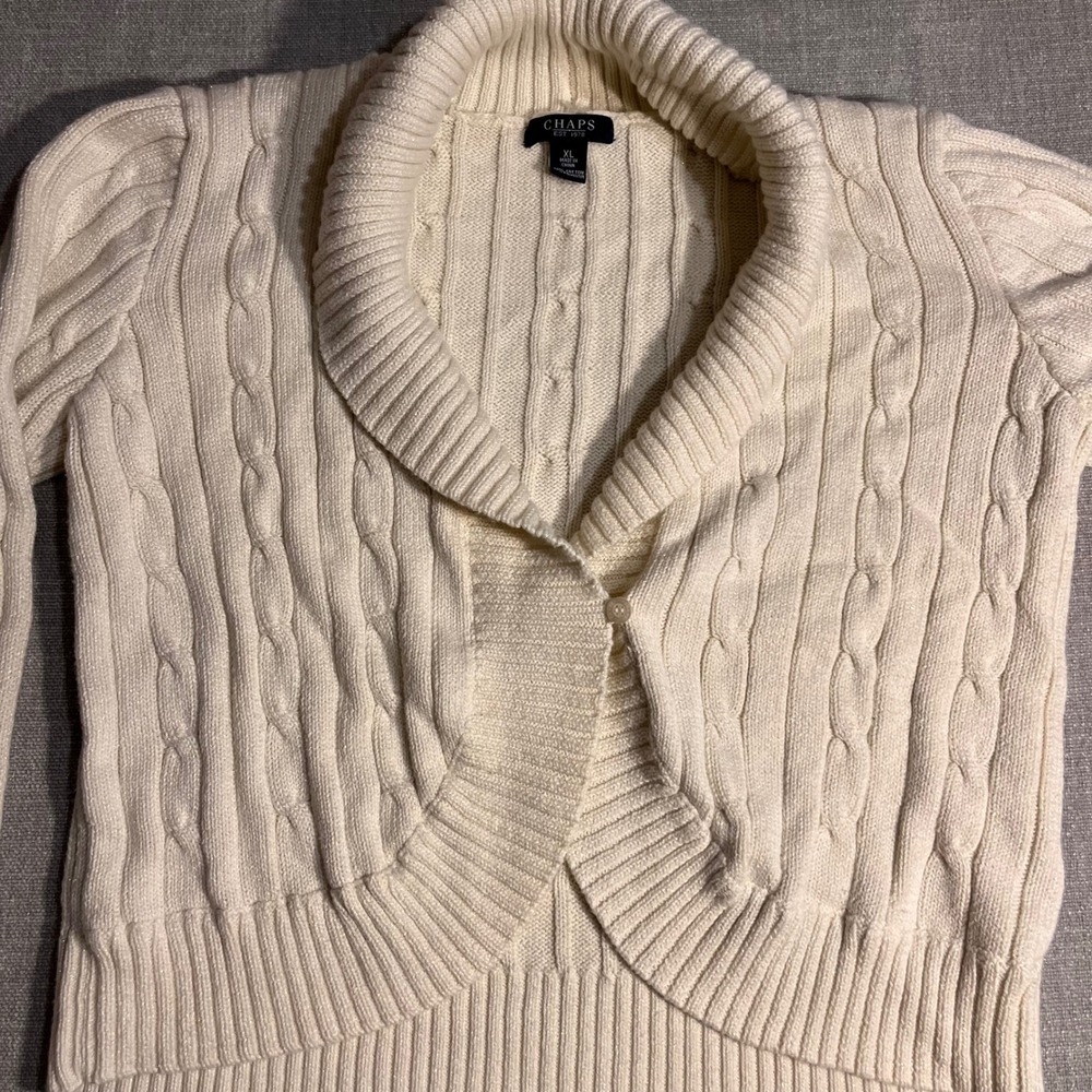 Chaps Cable Knit Shawl Collar Cardigan Cream XL Cotton Polyester Sparkle - Picture 2 of 8